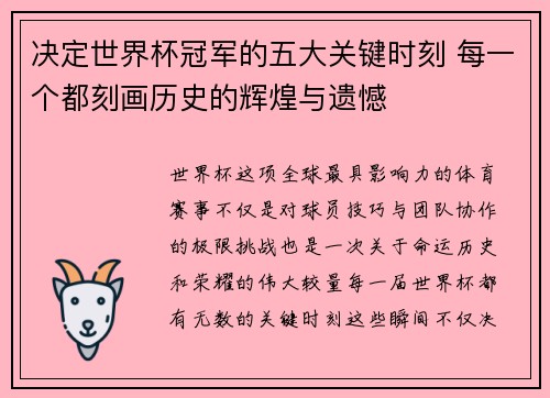 决定世界杯冠军的五大关键时刻 每一个都刻画历史的辉煌与遗憾