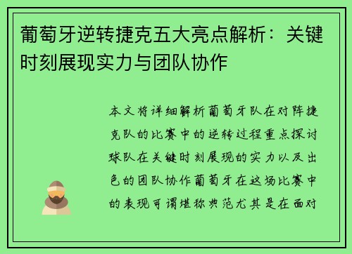 葡萄牙逆转捷克五大亮点解析：关键时刻展现实力与团队协作
